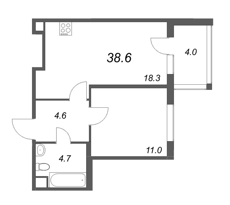 2-комнатная (Евро) квартира, 38.6 м² в ЖК "ЮгТаун" - планировка, фото №1