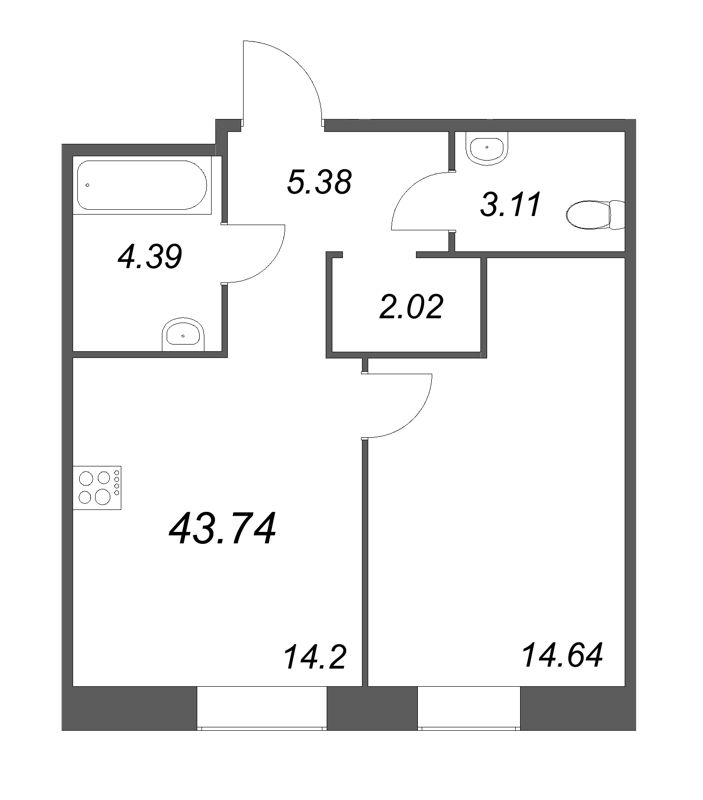 1-комнатная квартира, 43.74 м² в ЖК "ID Svetlanovskiy" - планировка, фото №1