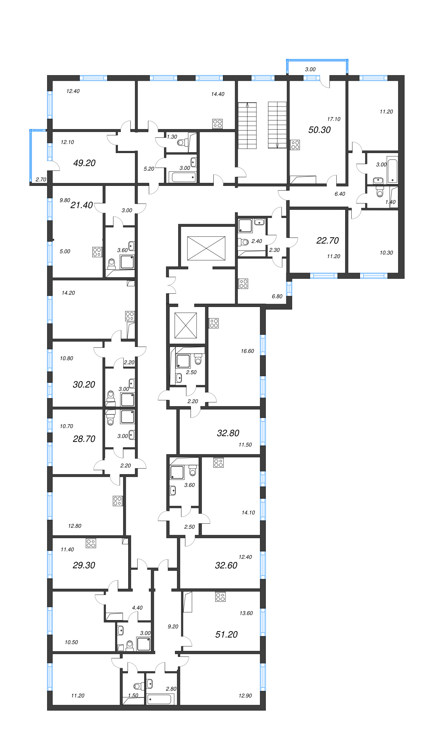 3-комнатная (Евро) квартира, 50.3 м² - планировка этажа