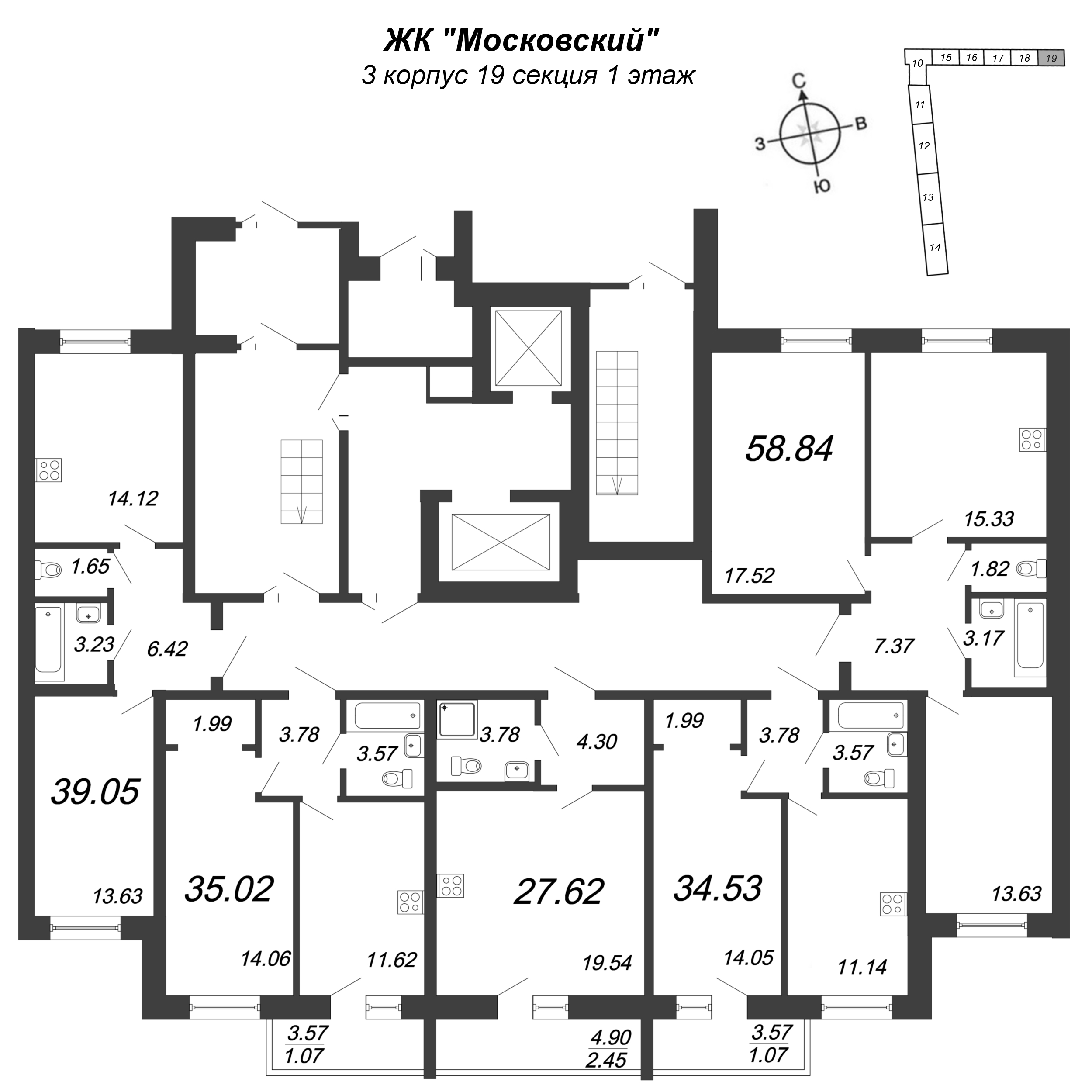 2-комнатная квартира, 58.84 м² в ЖК "Московский" - планировка этажа