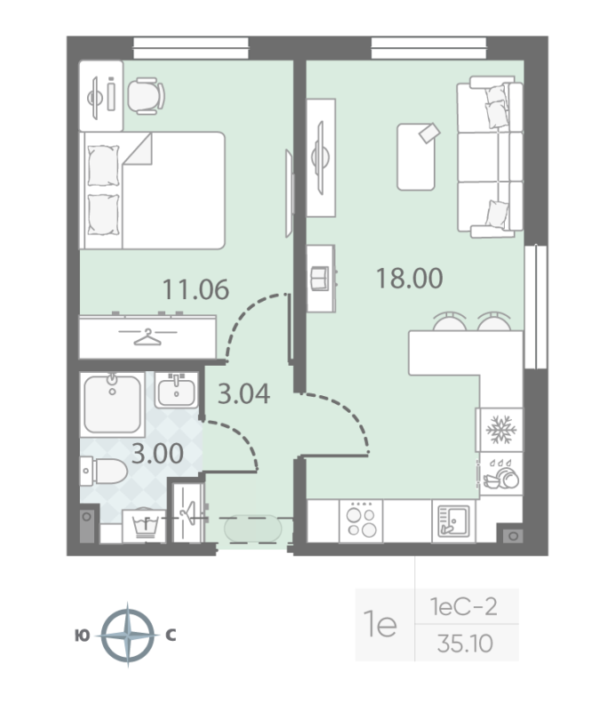 2-комнатная (Евро) квартира, 35.1 м² в ЖК "Морская миля" - планировка, фото №1