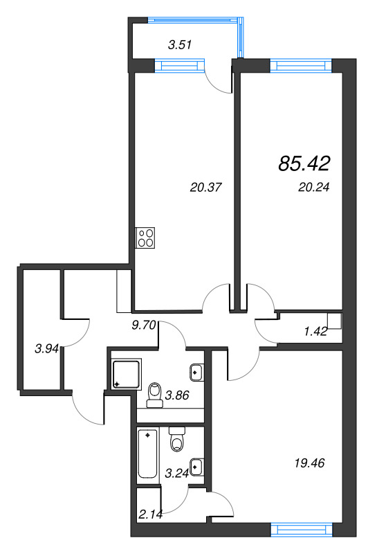 3-комнатная (Евро) квартира, 84.37 м² в ЖК "OKLA" - планировка, фото №1
