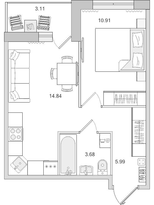 2-комнатная (Евро) квартира, 35.42 м² в ЖК "Parkolovo" - планировка, фото №1