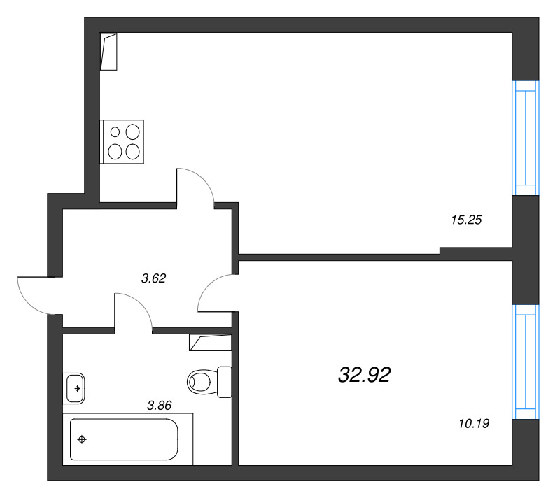 2-комнатная (Евро) квартира, 32.92 м² в ЖК "Кинопарк" - планировка, фото №1