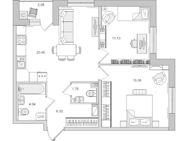3-комнатная (Евро) квартира, 59.96 м² в ЖК "Город Первых" - планировка, фото №1