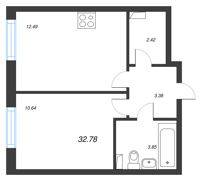 2-комнатная (Евро) квартира, 32.78 м² в ЖК "Кинопарк" - планировка, фото №1