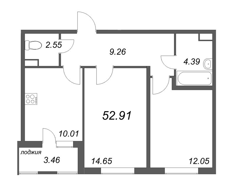 2-комнатная квартира, 52.91 м² - планировка, фото №1