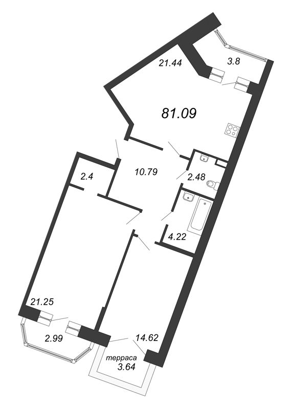 3-комнатная (Евро) квартира, 81.09 м² - планировка, фото №1