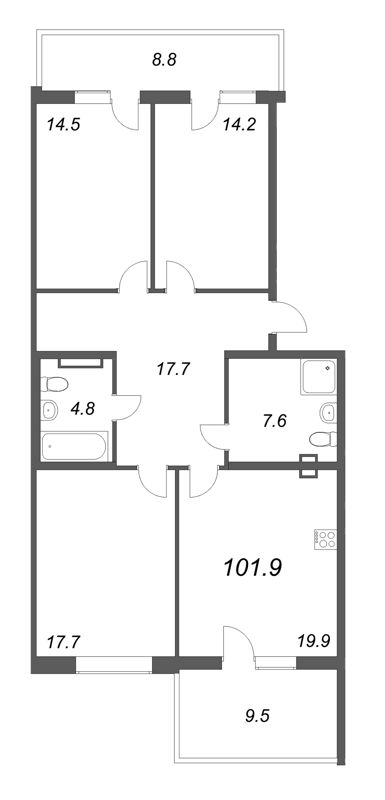 4-комнатная (Евро) квартира, 101.9 м² в ЖК "Riviera Club" - планировка, фото №1