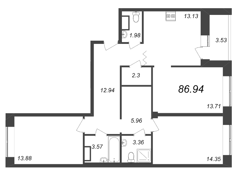 3-комнатная квартира, 86.94 м² в ЖК "Уютный" - планировка, фото №1