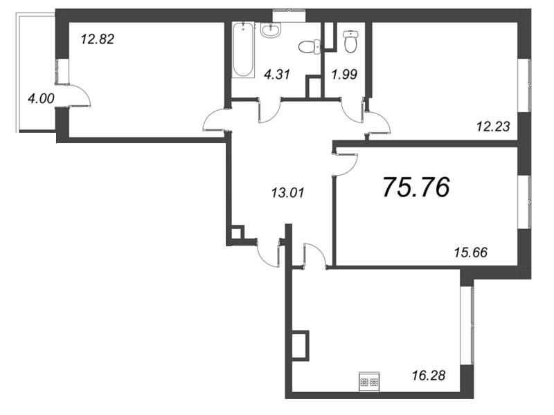 4-комнатная (Евро) квартира, 75.76 м² - планировка, фото №1
