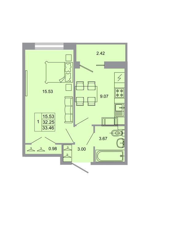 1-комнатная квартира, 32.7 м² в ЖК "Стороны света" - планировка, фото №1