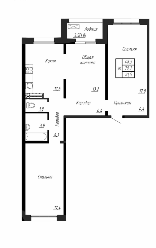 3-комнатная квартира, 81.5 м² в ЖК "Сибирь" - планировка, фото №1