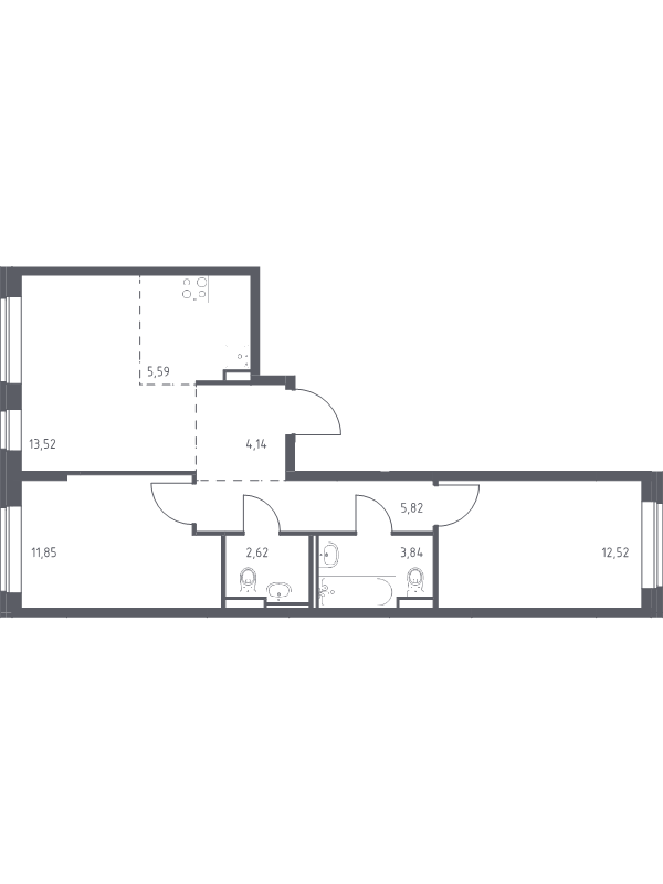 3-комнатная (Евро) квартира, 59.9 м² в ЖК "Живи! В Рыбацком" - планировка, фото №1