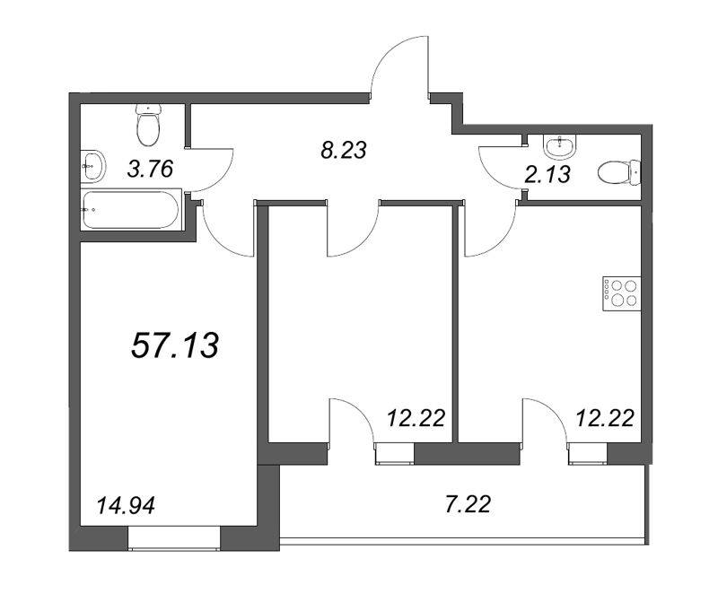 2-комнатная квартира, 55.8 м² в ЖК "Аквилон Zalive" - планировка, фото №1