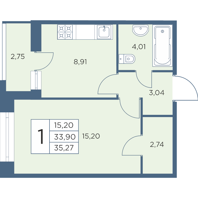 1-комнатная квартира, 34.93 м² в ЖК "Новый Лесснер" - планировка, фото №1