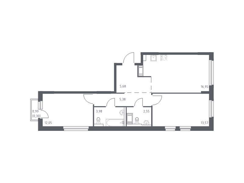 3-комнатная (Евро) квартира, 60.46 м² - планировка, фото №1