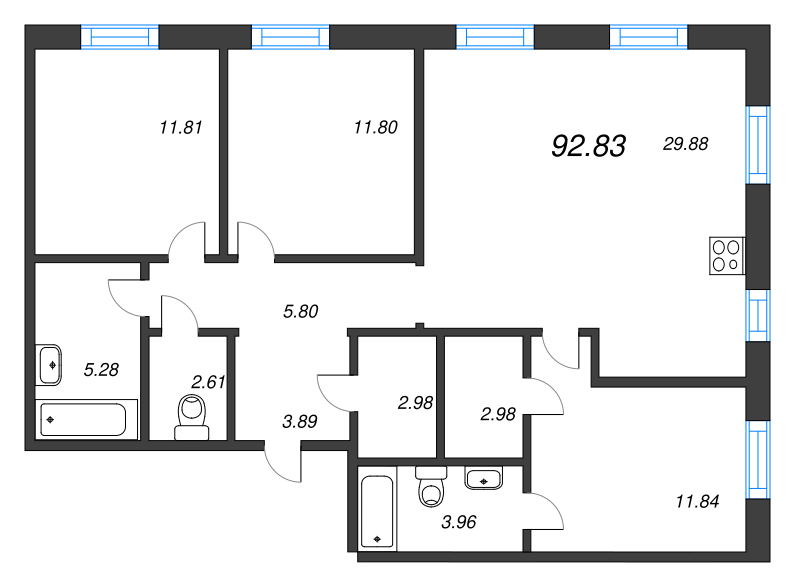 4-комнатная (Евро) квартира, 92.83 м² в ЖК "Черная речка, 41" - планировка, фото №1