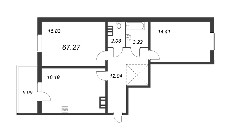 2-комнатная квартира, 64.72 м² - планировка, фото №1