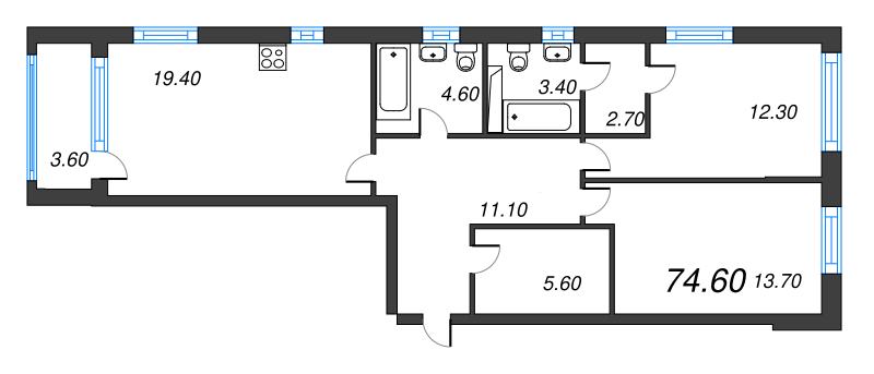 3-комнатная (Евро) квартира, 74.6 м² в ЖК "Тайм Сквер" - планировка, фото №1
