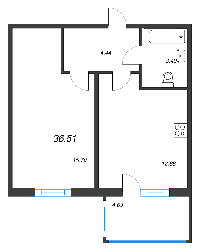 1-комнатная квартира, 36.51 м² в ЖК "Новое Сертолово" - планировка, фото №1