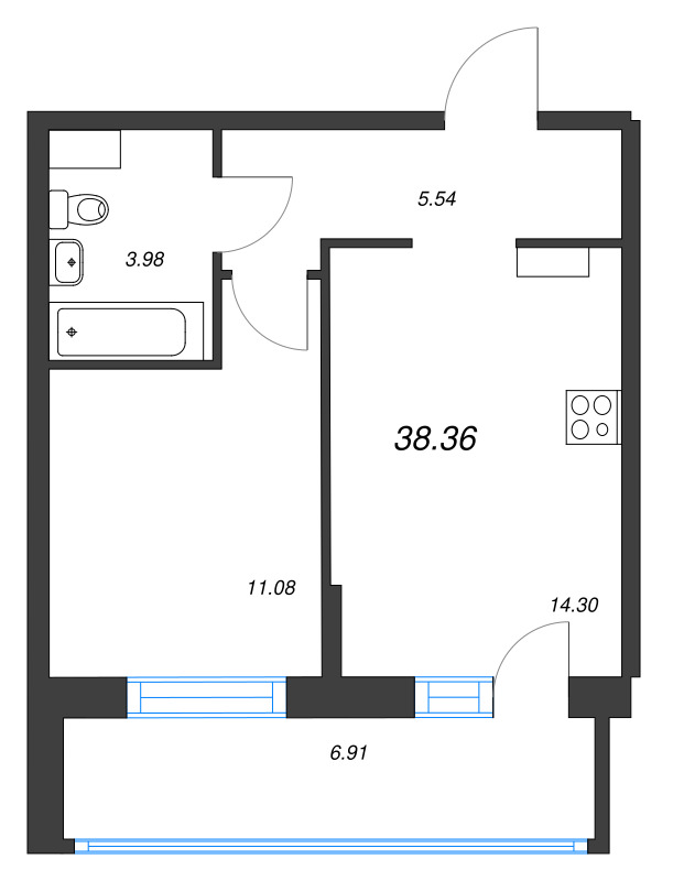 1-комнатная квартира, 38.36 м² в ЖК "Невский берег" - планировка, фото №1