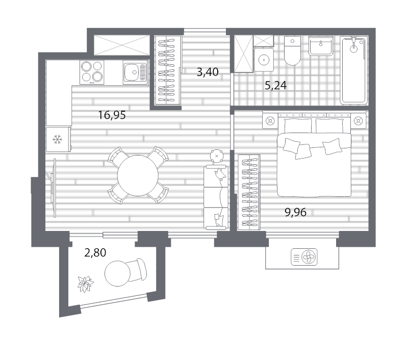 2-комнатная (Евро) квартира, 36.39 м² в ЖК "Respect" - планировка, фото №1