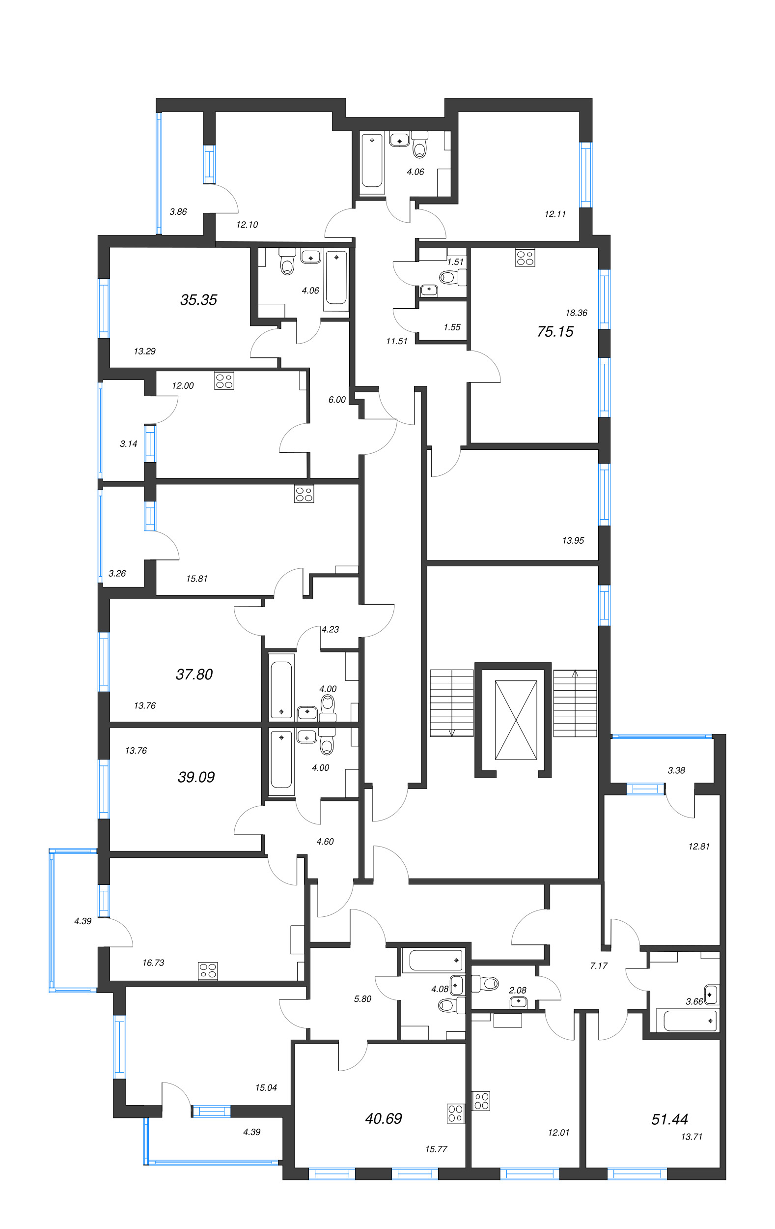 2-комнатная (Евро) квартира, 37.8 м² в ЖК "Любоград" - планировка этажа