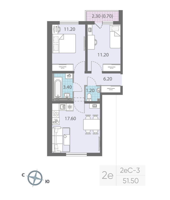 3-комнатная (Евро) квартира, 51.5 м² - планировка, фото №1