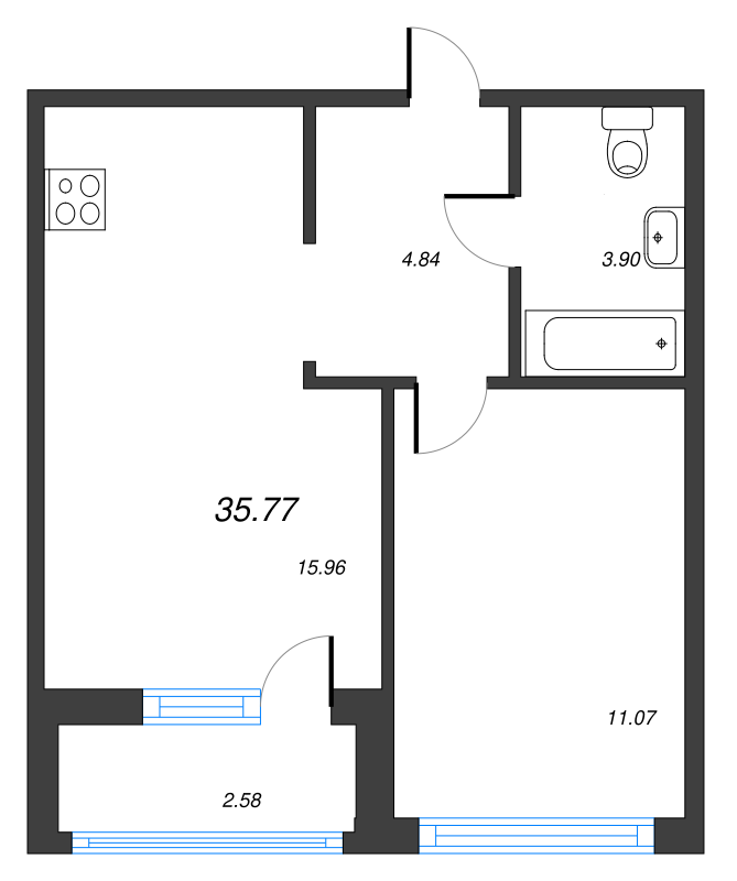2-комнатная (Евро) квартира, 35.77 м² в ЖК "Parkolovo" - планировка, фото №1