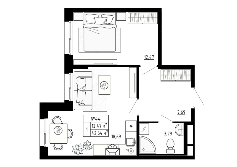 2-комнатная (Евро) квартира, 42.64 м² - планировка, фото №1