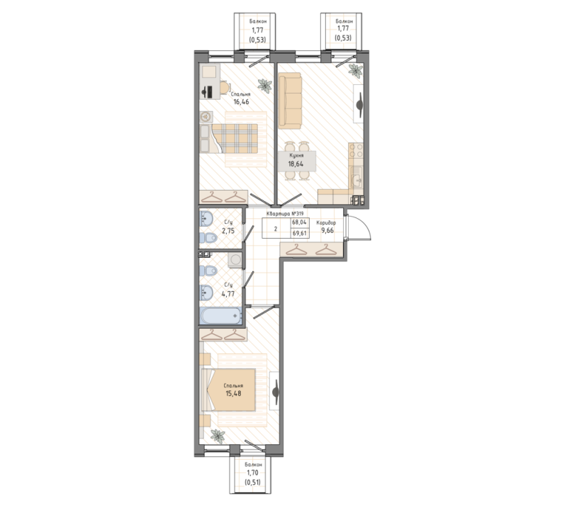2-комнатная квартира, 70.2 м² в ЖК "Мануфактура James Beck" - планировка, фото №1