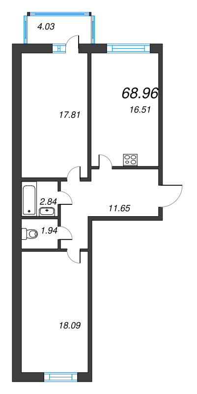 3-комнатная (Евро) квартира, 68.96 м² в ЖК "Чёрная речка от Ильича" - планировка, фото №1