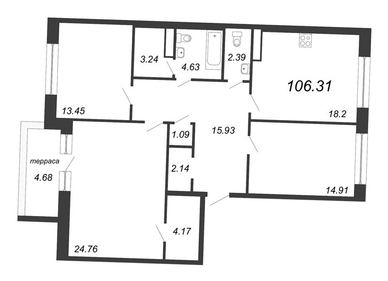 3-комнатная квартира, 106.31 м² - планировка, фото №1