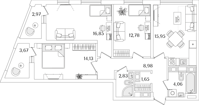 4-комнатная (Евро) квартира, 80.55 м² в ЖК "Лайнеръ" - планировка, фото №1
