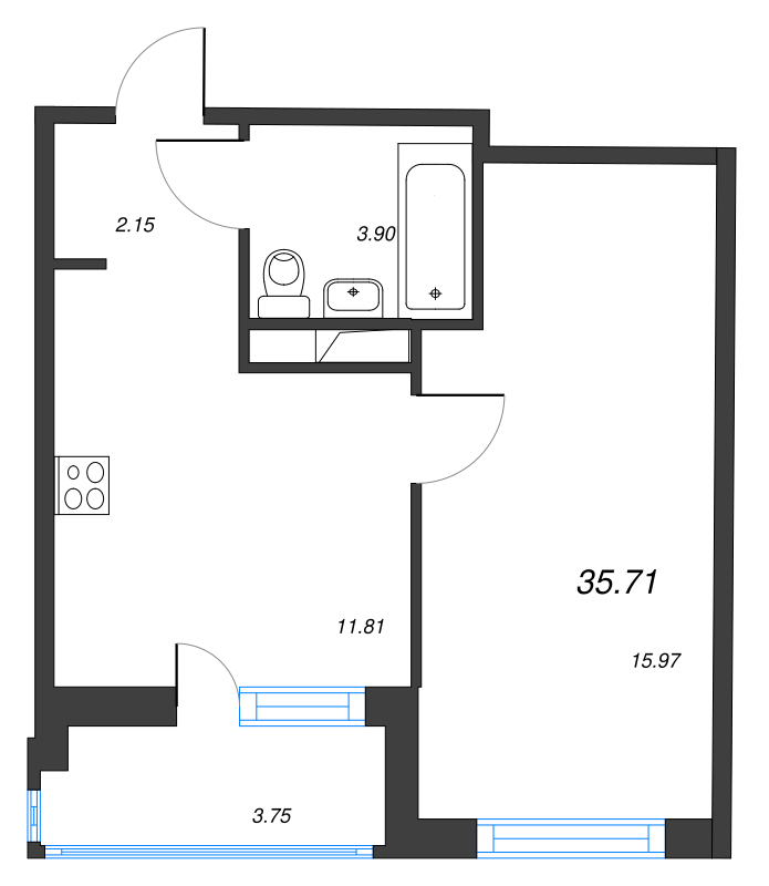 1-комнатная квартира, 35.71 м² в ЖК "ID Murino II" - планировка, фото №1