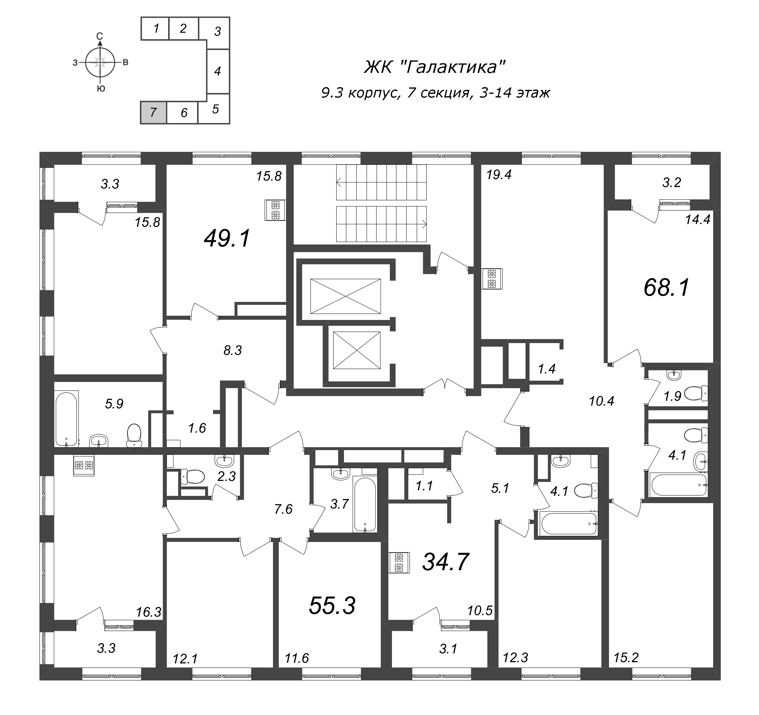 1-комнатная квартира, 34.8 м² в ЖК "Галактика" - планировка этажа
