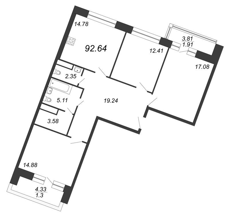 3-комнатная квартира, 92.64 м² - планировка, фото №1