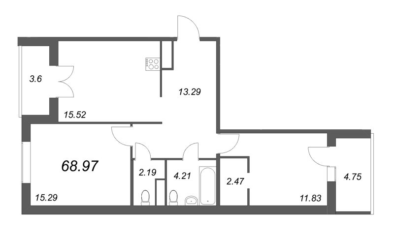 3-комнатная (Евро) квартира, 69.17 м² в ЖК "IQ Гатчина" - планировка, фото №1