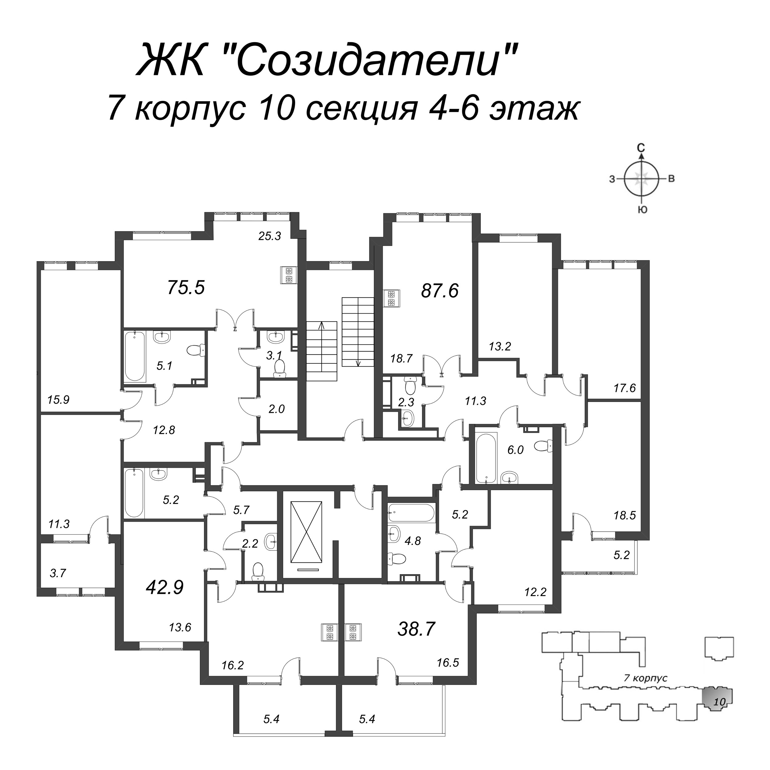 1-комнатная квартира, 39 м² в ЖК "Созидатели" - планировка этажа