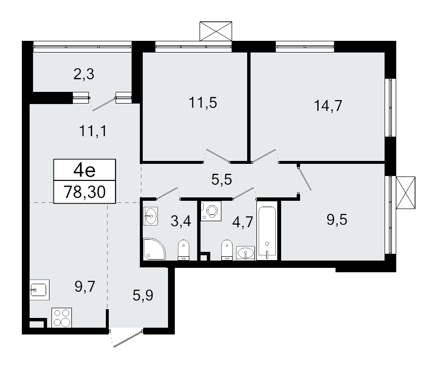4-комнатная (Евро) квартира, 78.3 м² в ЖК "А101 Всеволожск" - планировка, фото №1