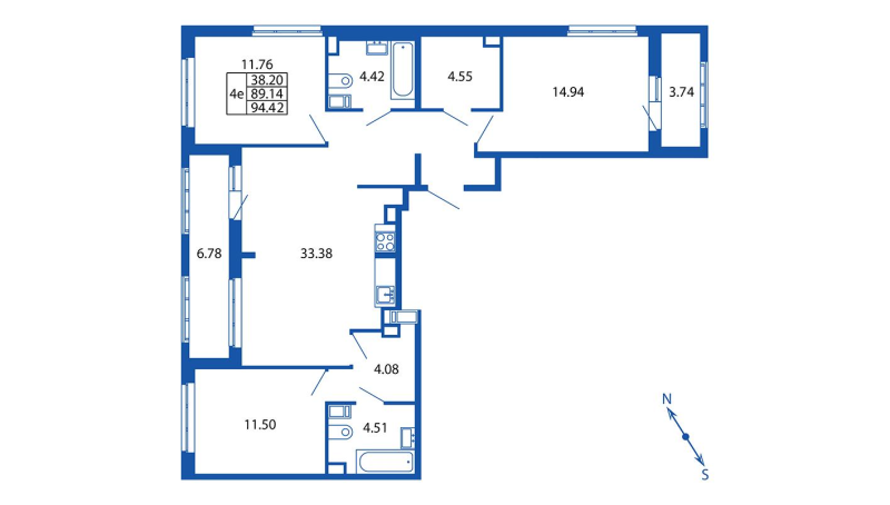 4-комнатная (Евро) квартира, 89.14 м² в ЖК "Полис Приморский 2" - планировка, фото №1