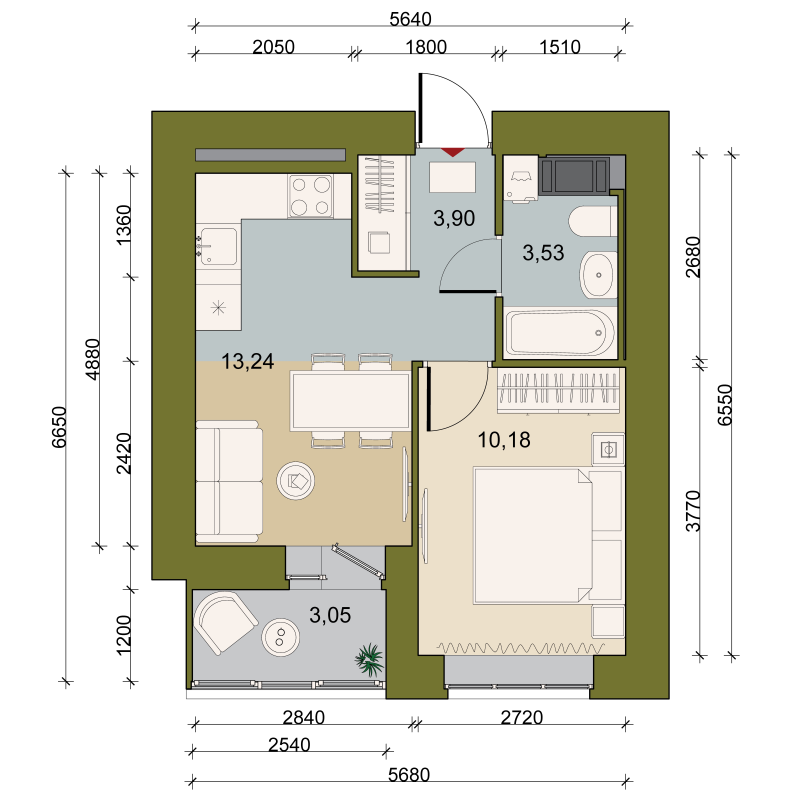 1-комнатная квартира, 32.45 м² в ЖК "Уютный" - планировка, фото №1