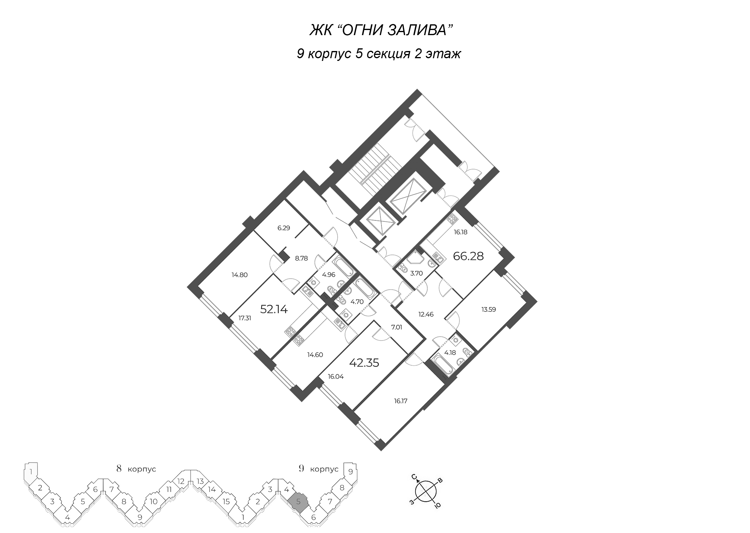 3-комнатная (Евро) квартира, 66.28 м² в ЖК "Огни Залива" - планировка этажа