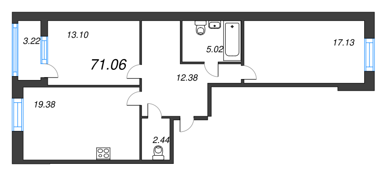 3-комнатная (Евро) квартира, 71.06 м² в ЖК "Аквилон Leaves" - планировка, фото №1