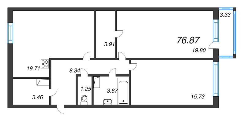 3-комнатная (Евро) квартира, 79.2 м² в ЖК "OKLA" - планировка, фото №1