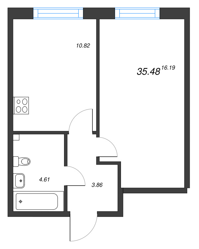 1-комнатная квартира, 35.48 м² - планировка, фото №1