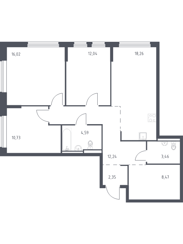 4-комнатная (Евро) квартира, 88.16 м² в ЖК "Новое Колпино" - планировка, фото №1
