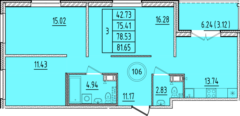 3-комнатная квартира, 75.41 м² в ЖК "Образцовый квартал 17" - планировка, фото №1