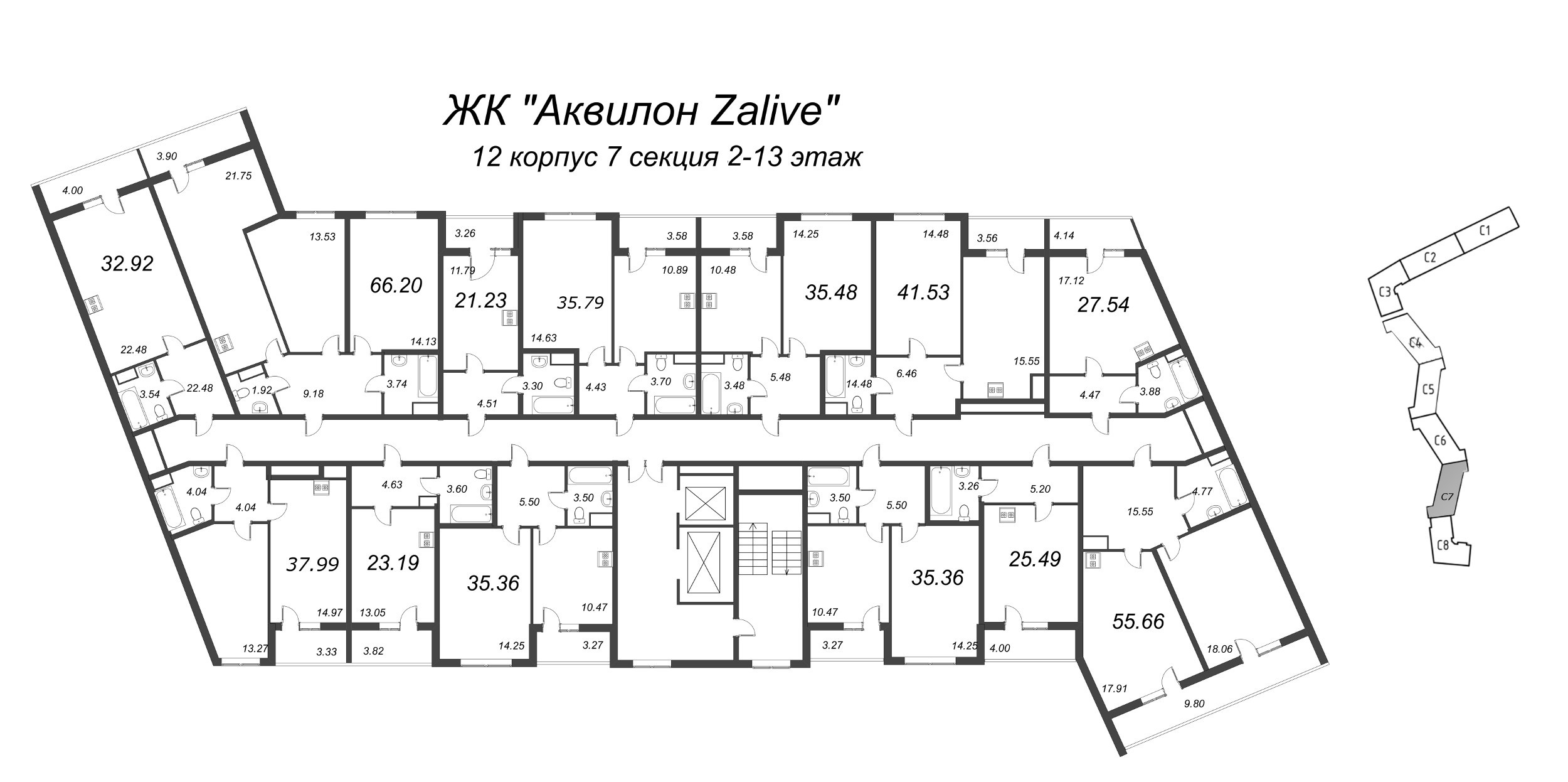 3-комнатная (Евро) квартира, 66.2 м² в ЖК "Аквилон Zalive" - планировка этажа